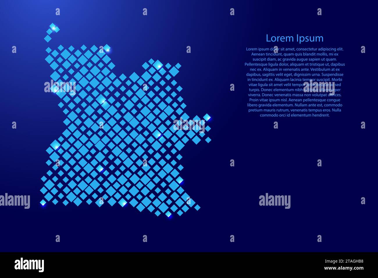 Mappa dell'Angola da rombi blu di diverse dimensioni e griglia luminosa delle stelle spaziali. Illustrazione vettoriale. Illustrazione Vettoriale