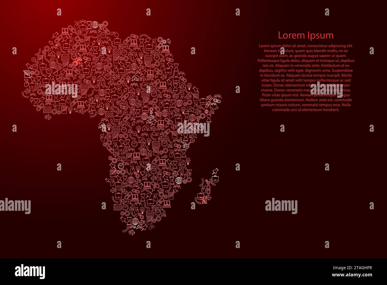 Mappa Africa da icone rosse e brillanti pattern set di analisi SEO concetto o sviluppo, business. Illustrazione vettoriale. Illustrazione Vettoriale