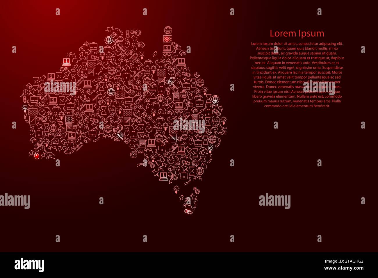 Mappa dell'Australia da icone rosse e brillanti pattern set di concetto di analisi SEO o sviluppo, business. Illustrazione vettoriale. Illustrazione Vettoriale