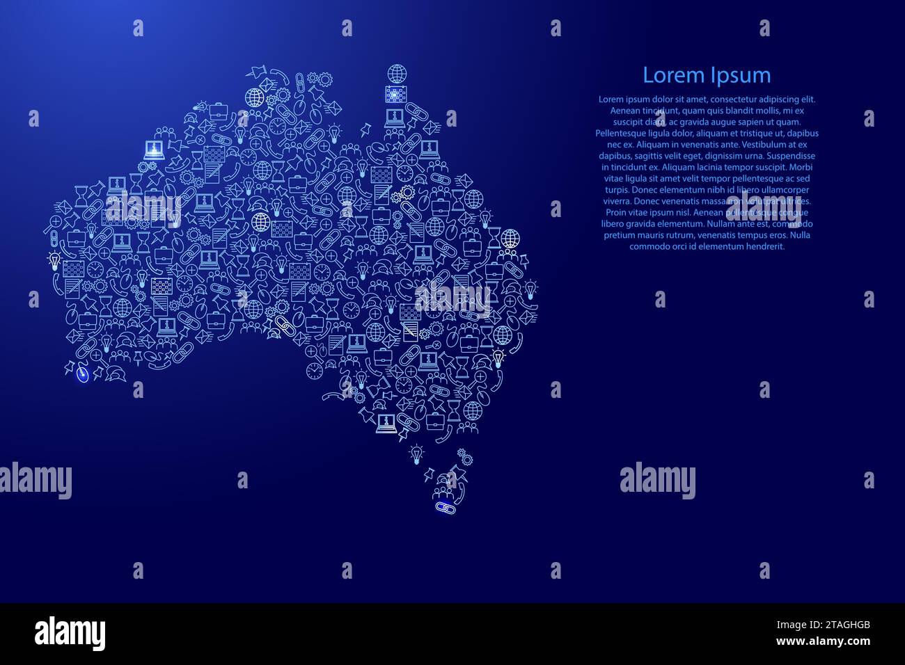 Mappa dell'Australia da icone blu e brillanti pattern set di concetto di analisi SEO o sviluppo, business. Illustrazione vettoriale. Illustrazione Vettoriale