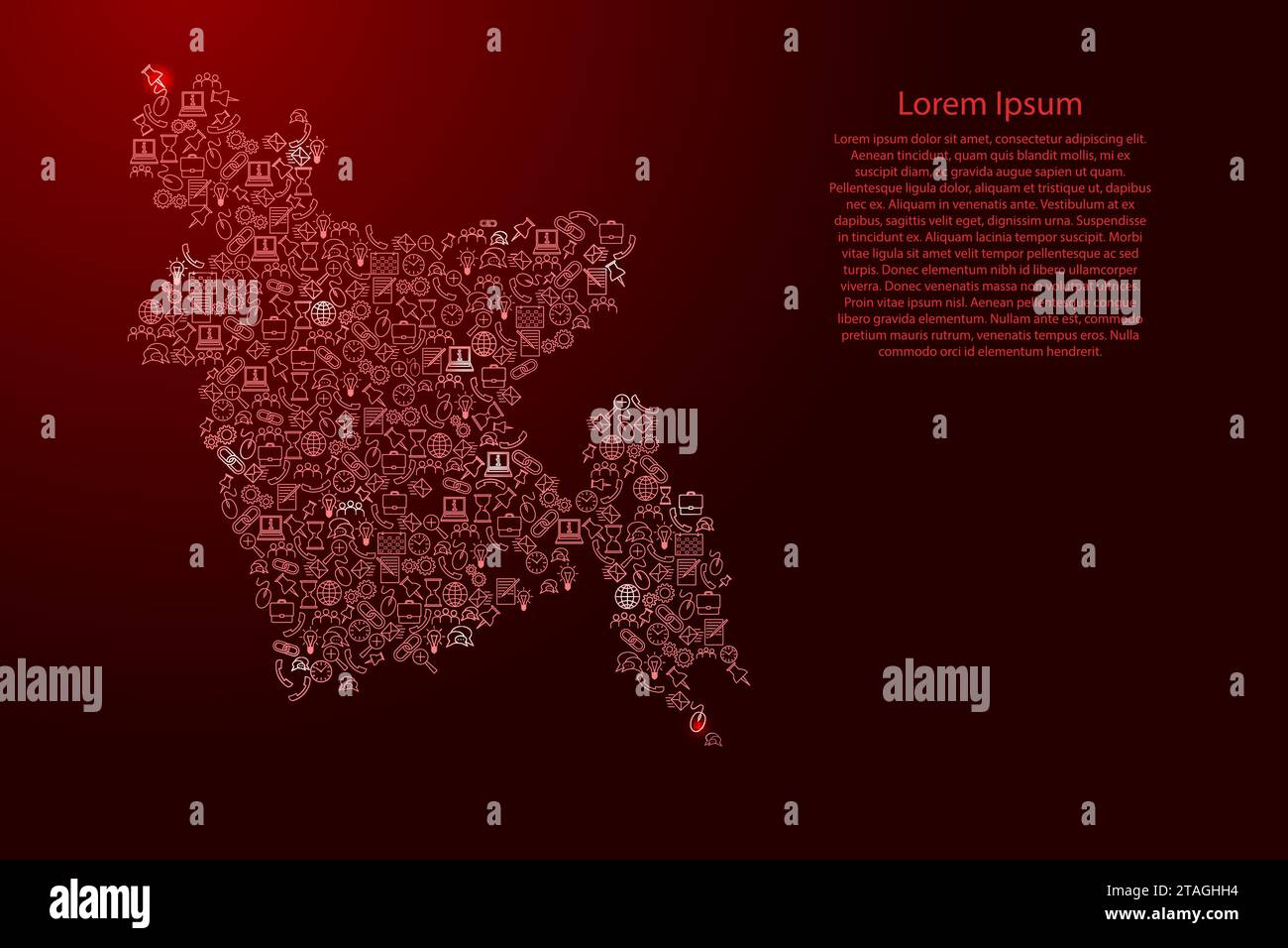 Mappa del Bangladesh da icone rosse e brillanti pattern set di concetto di analisi SEO o sviluppo, business. Illustrazione vettoriale. Illustrazione Vettoriale