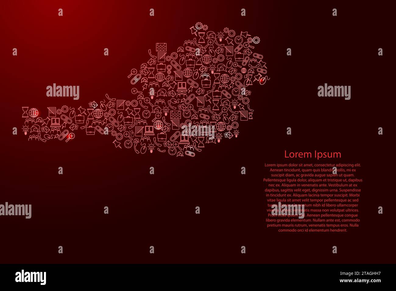 Mappa dell'Austria da icone rosse e luminose serie di modelli di analisi SEO concept o sviluppo, business. Illustrazione vettoriale. Illustrazione Vettoriale