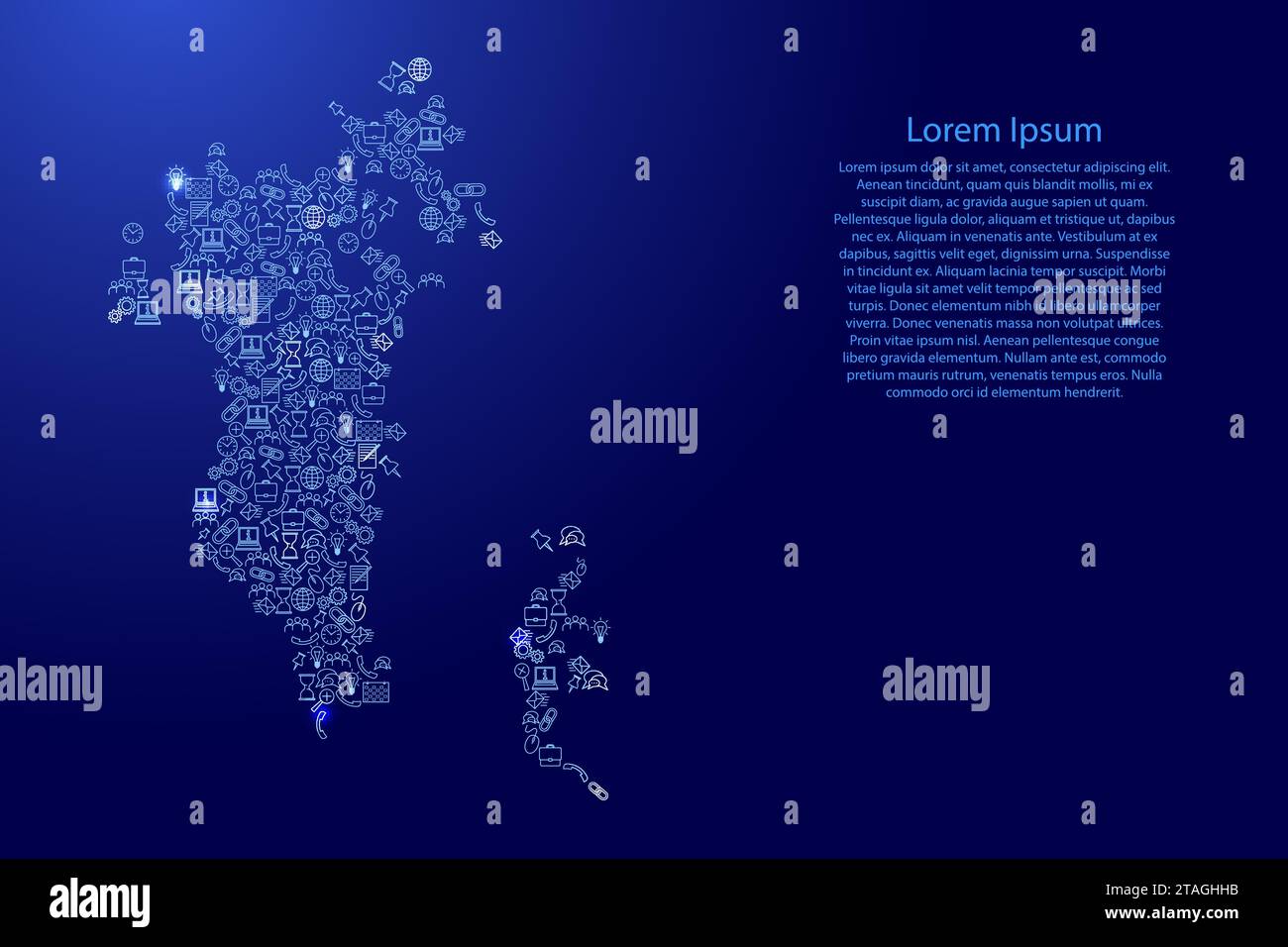 Mappa del Bahrain da icone blu e brillanti pattern set di concetto di analisi SEO o sviluppo, business. Illustrazione vettoriale. Illustrazione Vettoriale