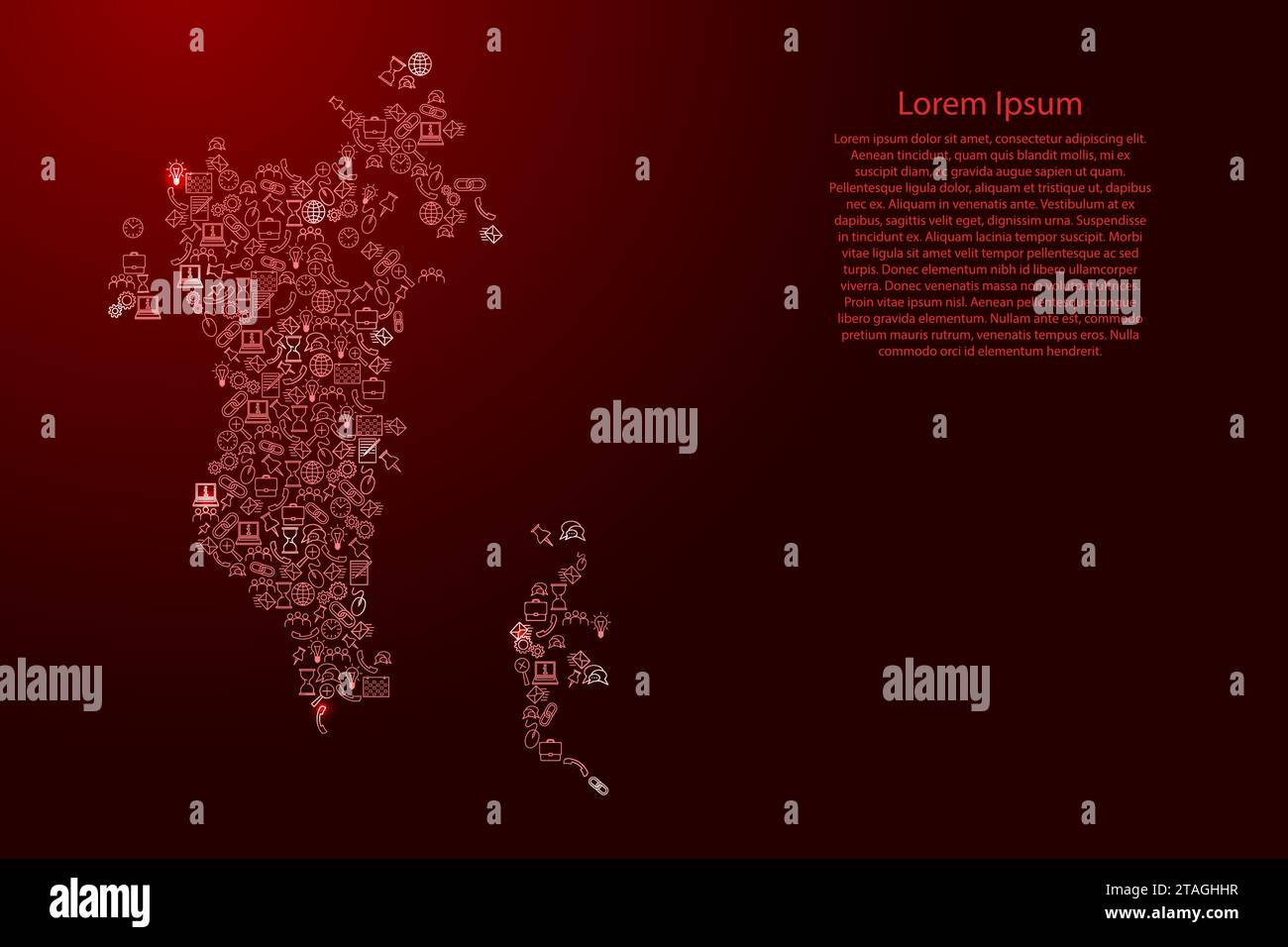 Mappa del Bahrein da icone rosse e brillanti pattern set di concetto di analisi SEO o sviluppo, business. Illustrazione vettoriale. Illustrazione Vettoriale