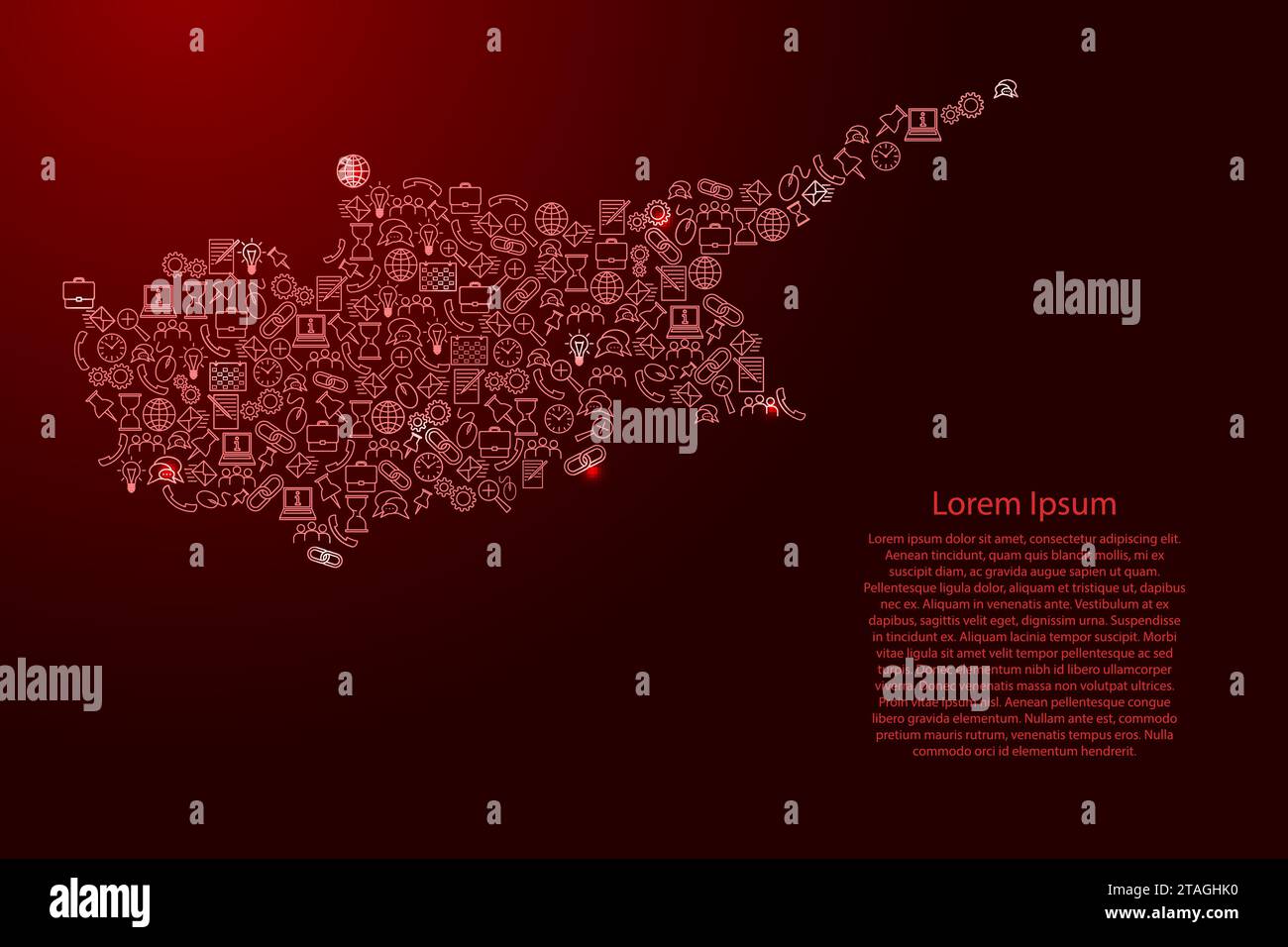 Mappa di Cipro da icone rosse e brillanti pattern set di concetto di analisi SEO o sviluppo, business. Illustrazione vettoriale. Illustrazione Vettoriale