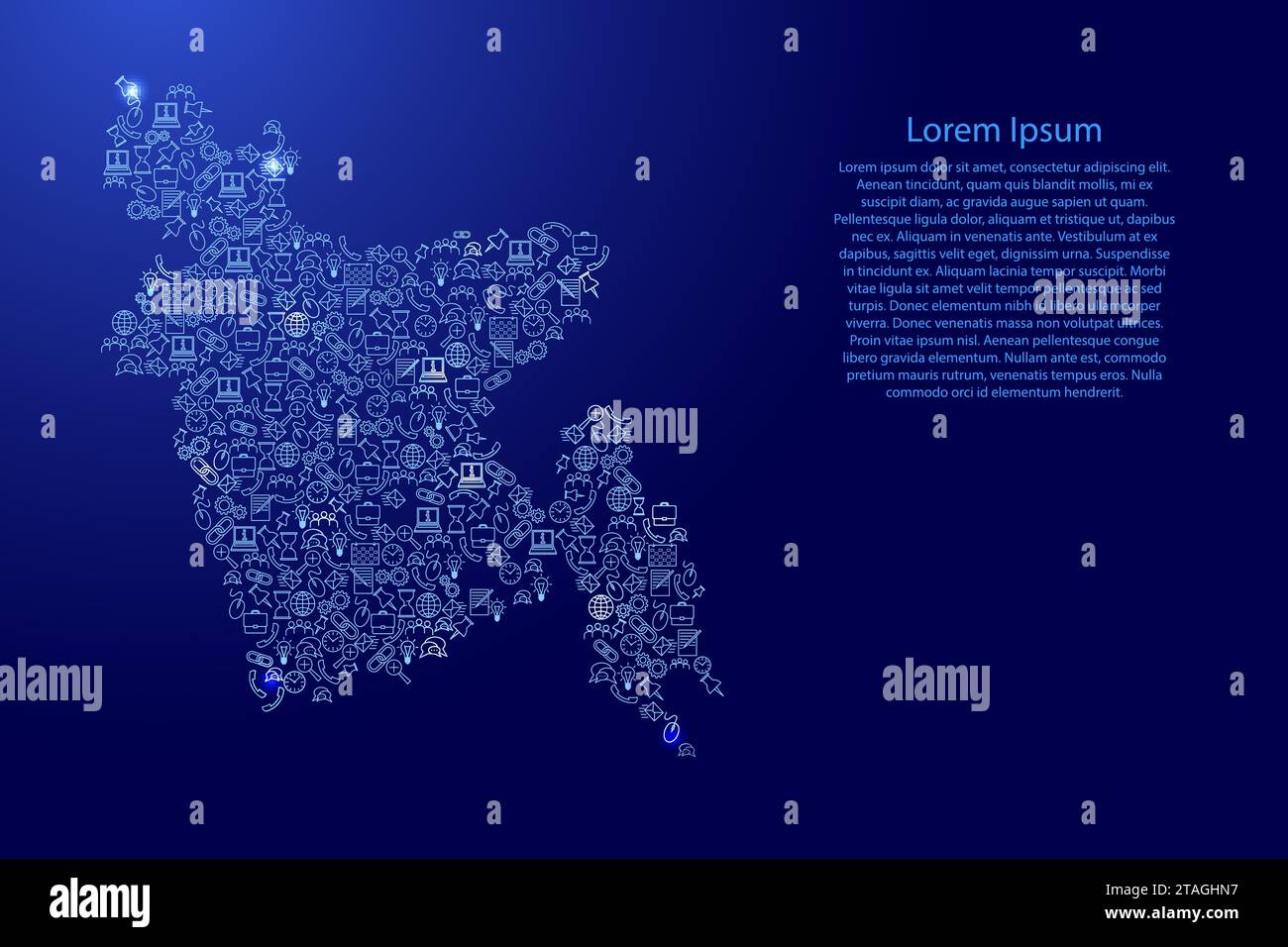 Mappa del Bangladesh da icone blu e brillanti serie di modelli di analisi SEO concetto o sviluppo, business. Illustrazione vettoriale. Illustrazione Vettoriale