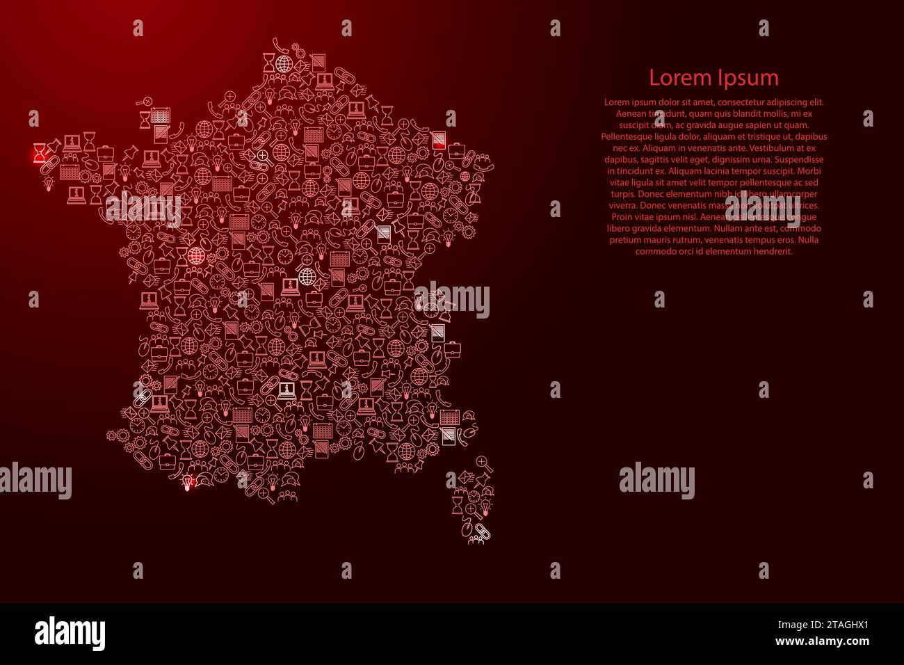 Mappa della Francia da icone rosse e luminose serie di modelli di analisi SEO concept o sviluppo, business. Illustrazione vettoriale. Illustrazione Vettoriale