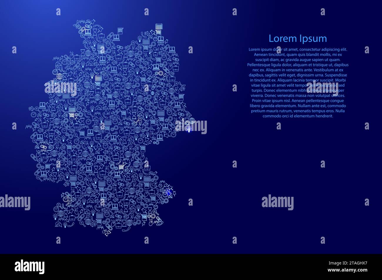 Mappa della Germania da icone blu e brillanti serie di modelli di analisi SEO concetto o sviluppo, business. Illustrazione vettoriale. Illustrazione Vettoriale
