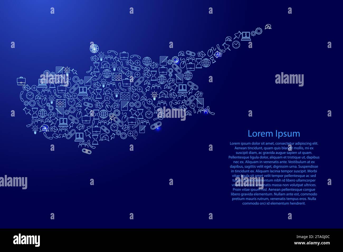 Mappa di Cipro da icone blu e brillanti serie di modelli di analisi SEO concetto o sviluppo, business. Illustrazione vettoriale. Illustrazione Vettoriale