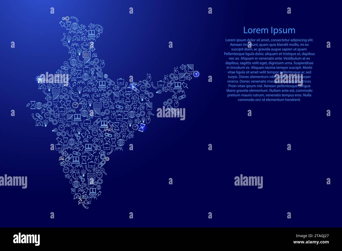 Mappa India da icone blu e brillanti pattern set di concetto di analisi SEO o sviluppo, business. Illustrazione vettoriale. Illustrazione Vettoriale