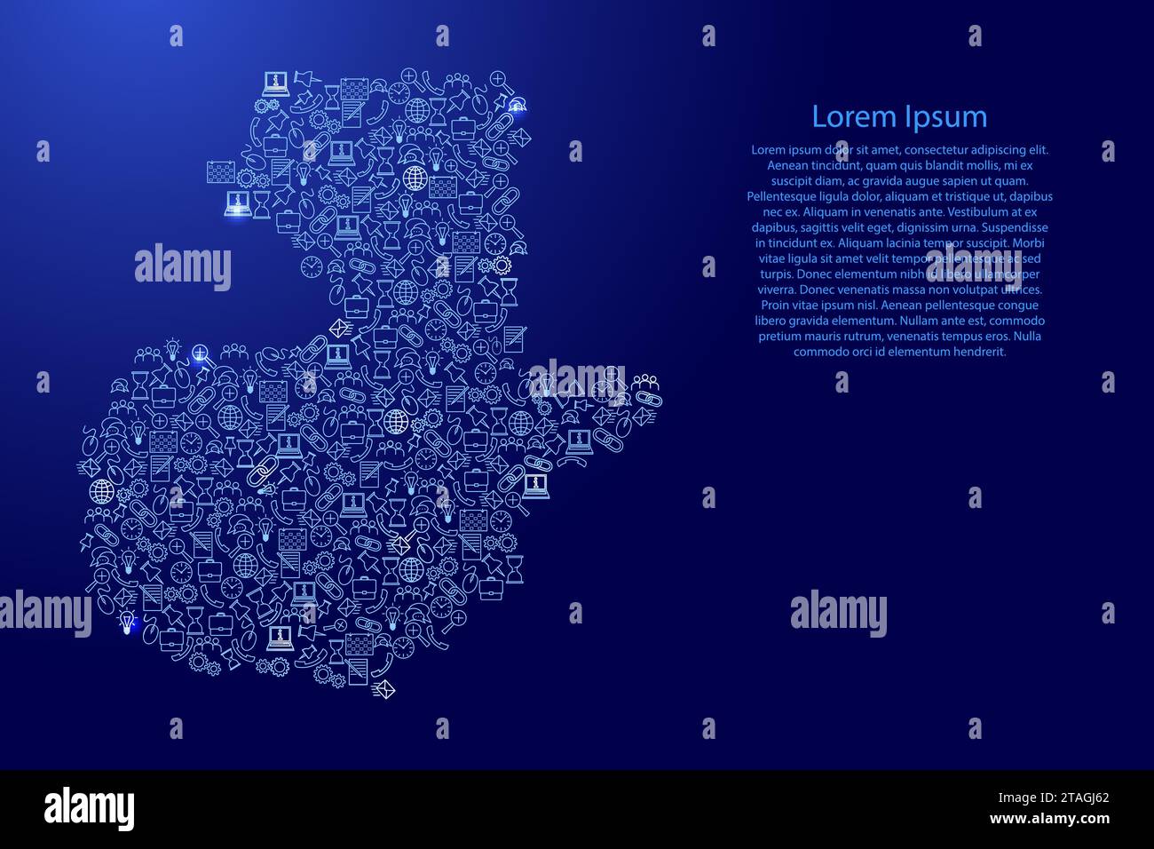 Mappa del Guatemala da icone blu e brillanti pattern set di concetto di analisi SEO o sviluppo, business. Illustrazione vettoriale. Illustrazione Vettoriale