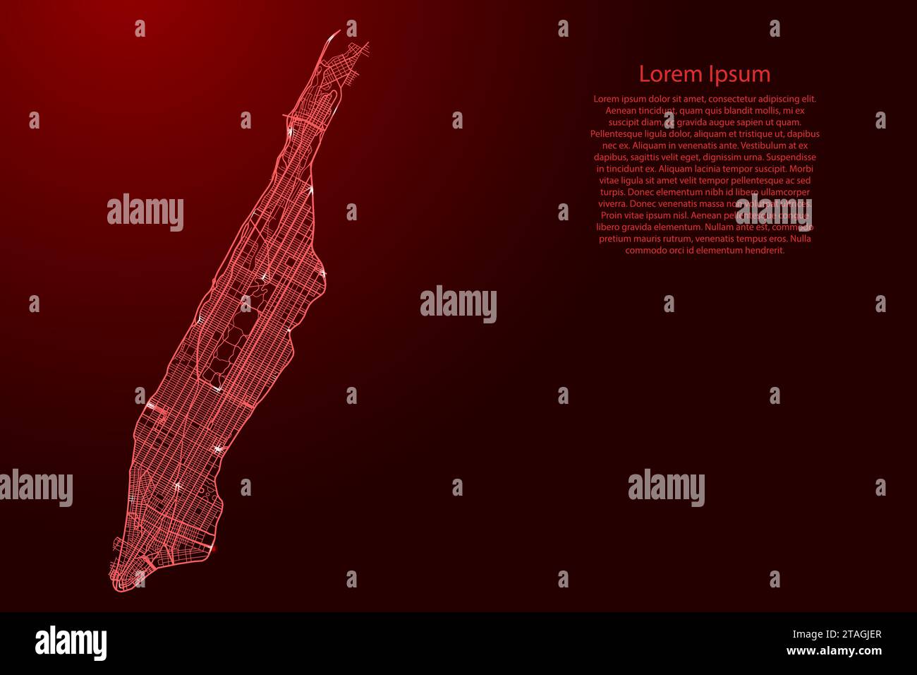 Mappa di Manhattan con linee rosse di strade automobilistiche di diverso spessore e stelle luminose su sfondo scuro. Illustrazione vettoriale. Illustrazione Vettoriale