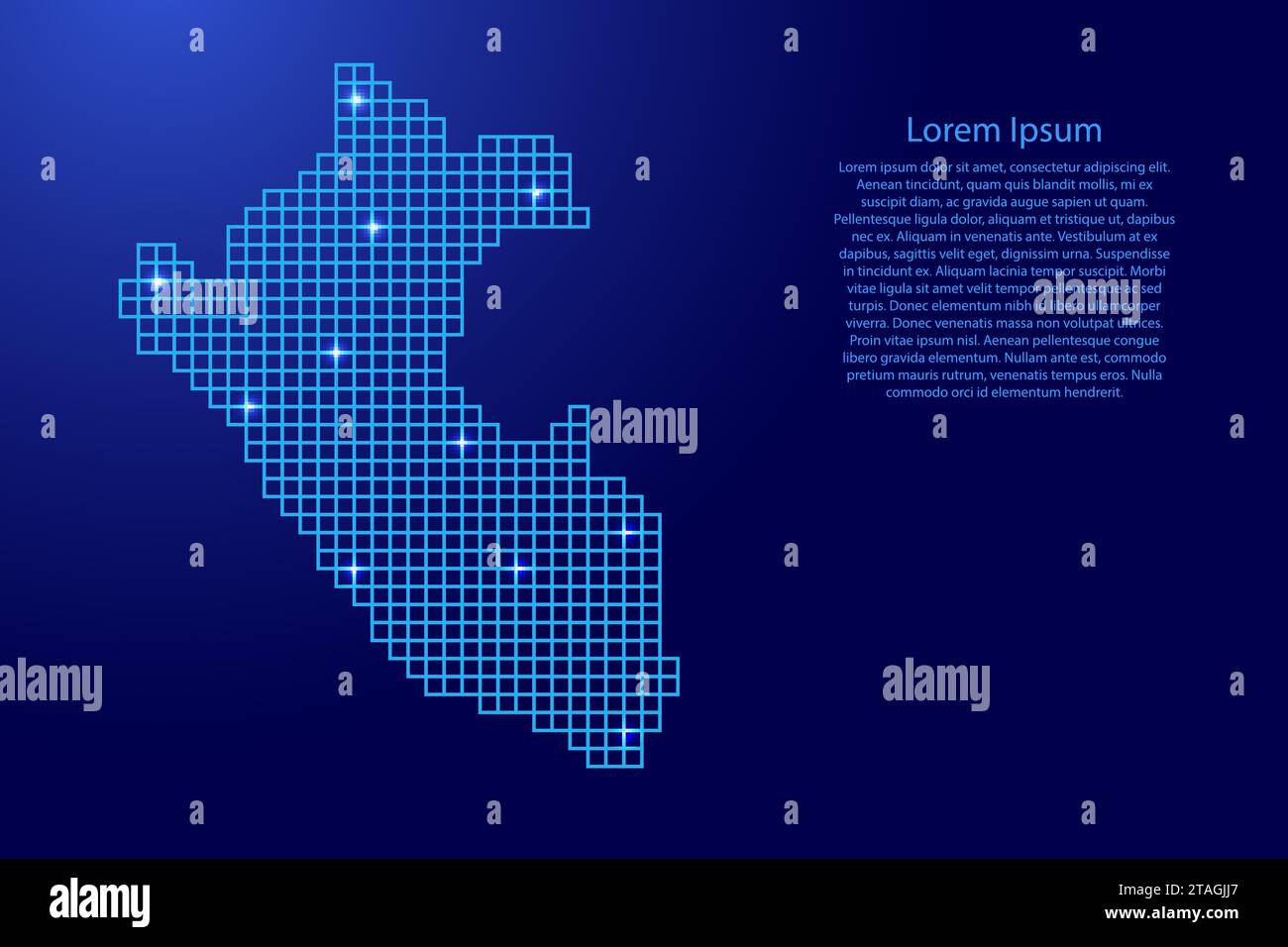 Perù sagoma della mappa da quadrati con struttura a mosaico blu e stelle luminose. Illustrazione vettoriale. Illustrazione Vettoriale