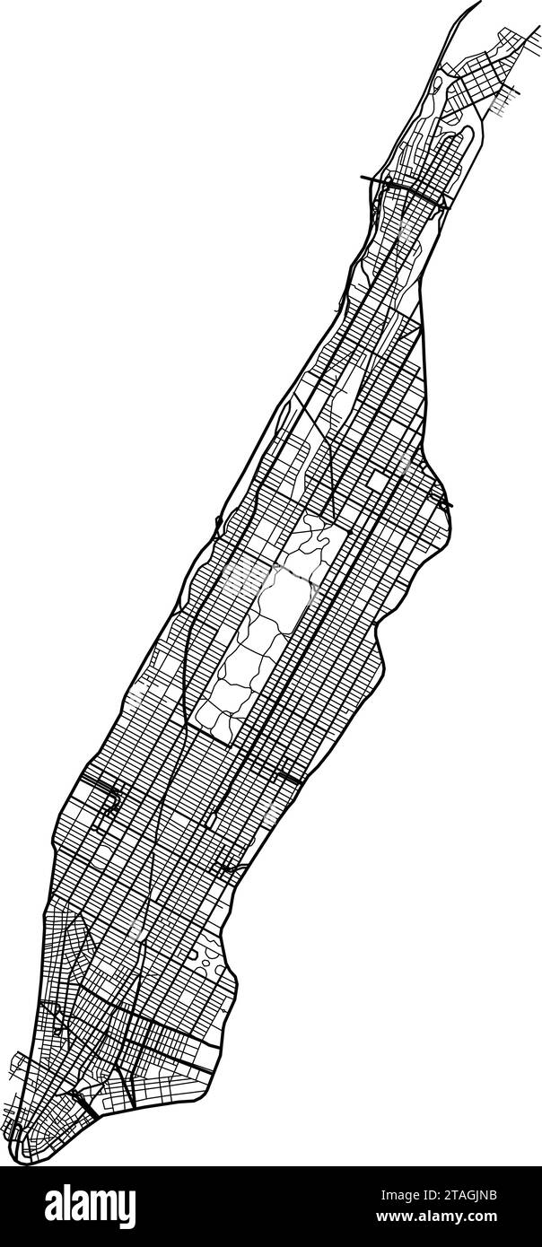 Mappa di Manhattan di linee nere di strade automobilistiche di diverso spessore su sfondo bianco. Illustrazione vettoriale. Illustrazione Vettoriale