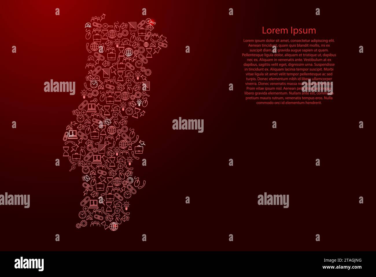 Mappa del Portogallo da icone rosse e brillanti pattern set di concetto di analisi SEO o sviluppo, business. Illustrazione vettoriale. Illustrazione Vettoriale