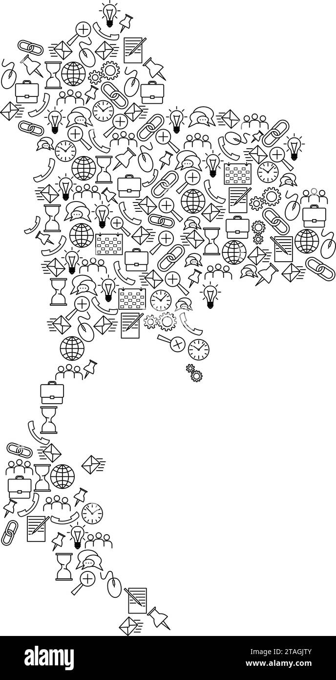 Mappa della Thailandia da icone del set di modelli neri di concetto di analisi SEO o sviluppo, business. Illustrazione vettoriale. Illustrazione Vettoriale