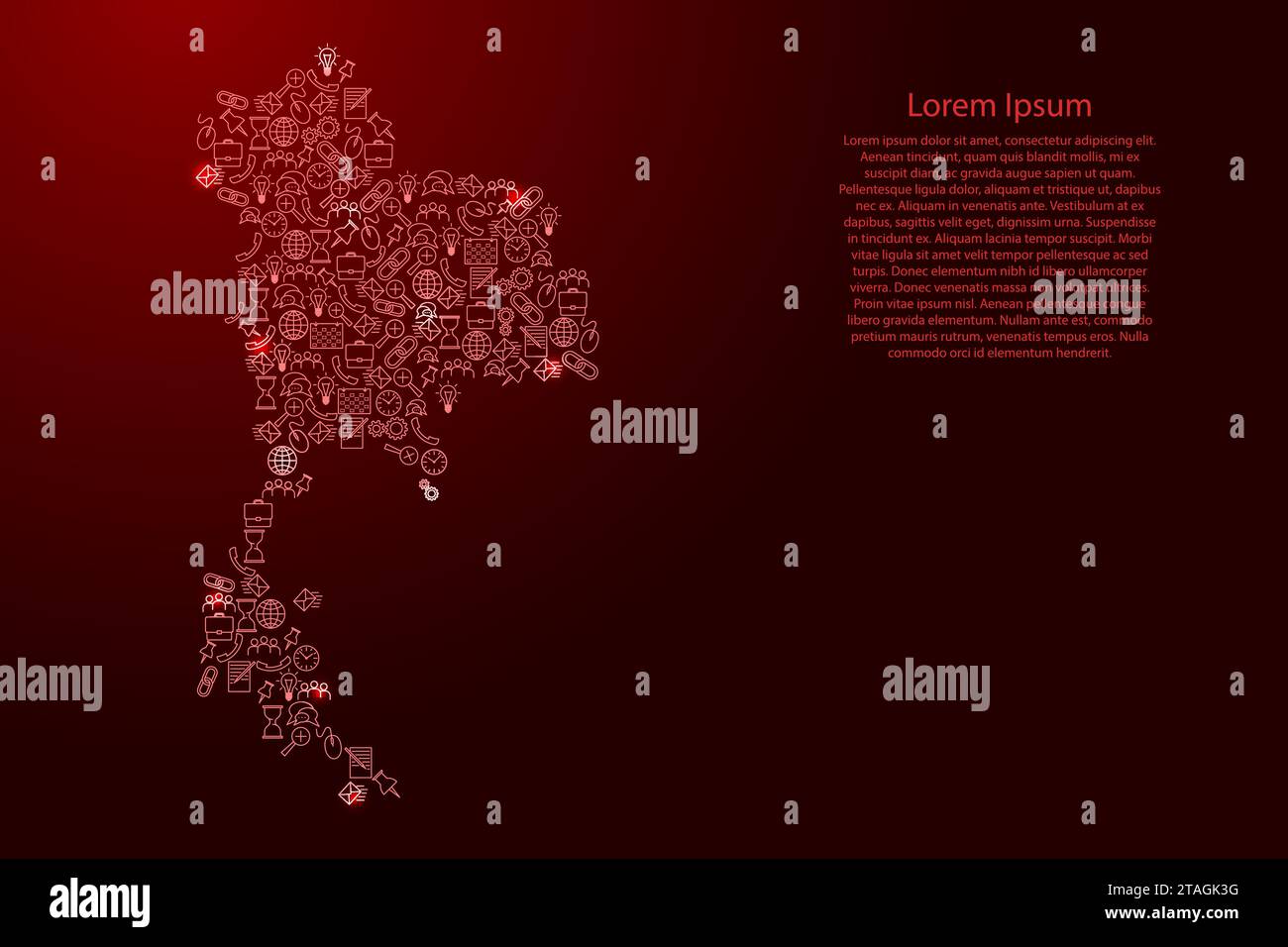 Mappa della Thailandia da icone rosse e brillanti pattern set di concetto di analisi SEO o sviluppo, business. Illustrazione vettoriale. Illustrazione Vettoriale