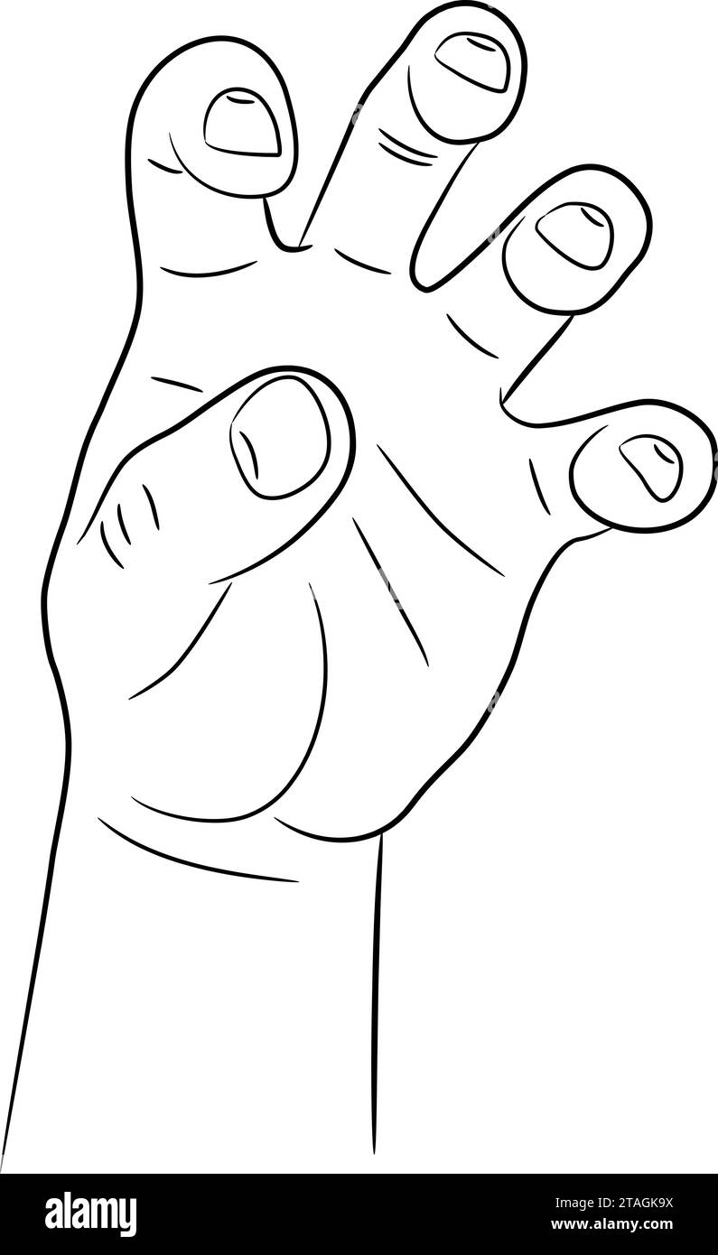 Mano con le dita storte afferrate disegnare dal contorno linee del pennello nero spessore diverso su sfondo bianco. Illustrazione vettoriale. Illustrazione Vettoriale