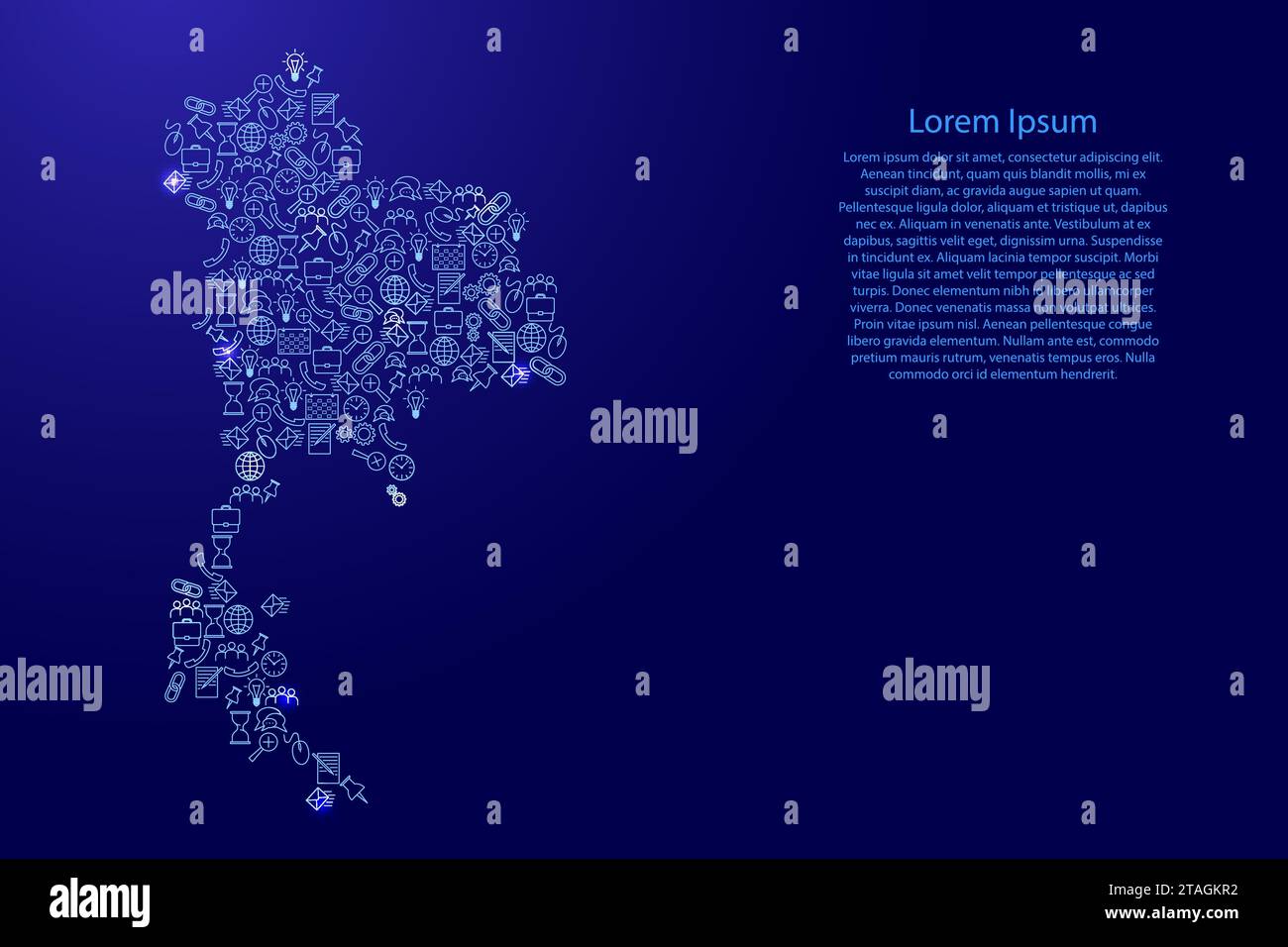 Mappa della Thailandia da icone blu e brillanti serie di modelli di analisi SEO concetto o sviluppo, business. Illustrazione vettoriale. Illustrazione Vettoriale