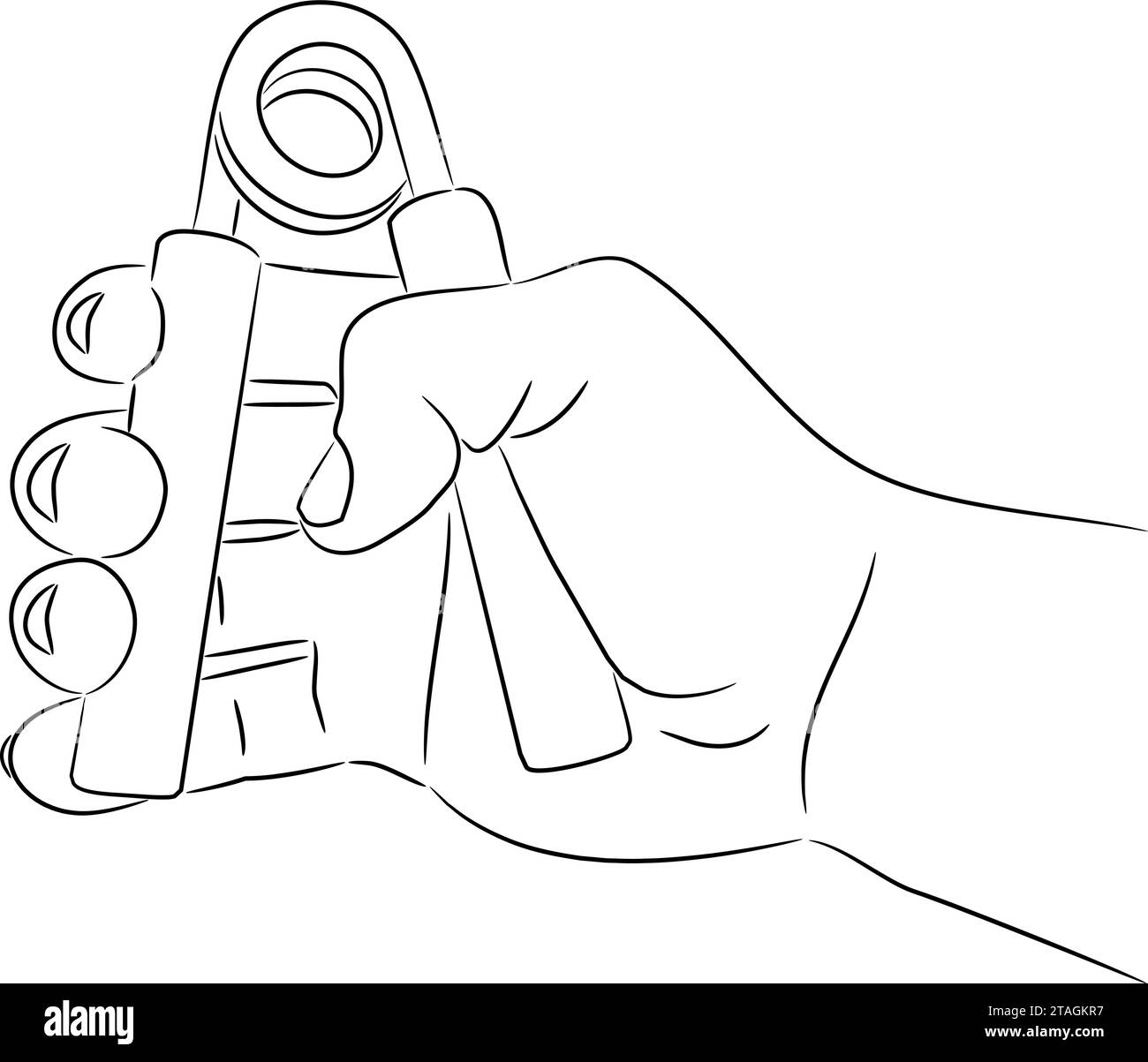 Espansore a molla per polso in mano, da linee di pennello nere di contorno spessore diverso su sfondo bianco. Illustrazione vettoriale. Illustrazione Vettoriale
