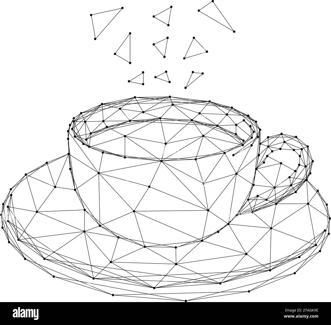 Tazza di caffè o tè su piattino, con linee nere poligonali astratte e futuristiche. Illustrazione vettoriale. Illustrazione Vettoriale