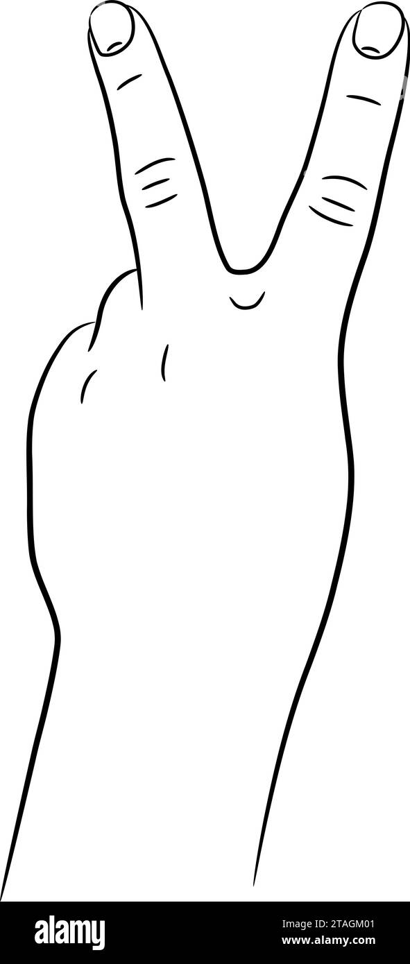 Mano con due dita alzate lo schizzo disegnare dal contorno linee del pennello nero spessore diverso su sfondo bianco. Illustrazione vettoriale. Illustrazione Vettoriale