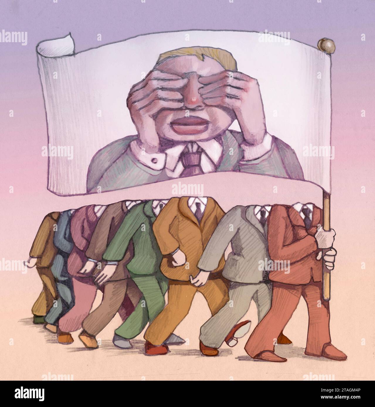 una processione di persone senza testa porta uno striscione con il volto di un uomo che chiude gli occhi, una metafora per svuotare gli strumenti della lotta Foto Stock