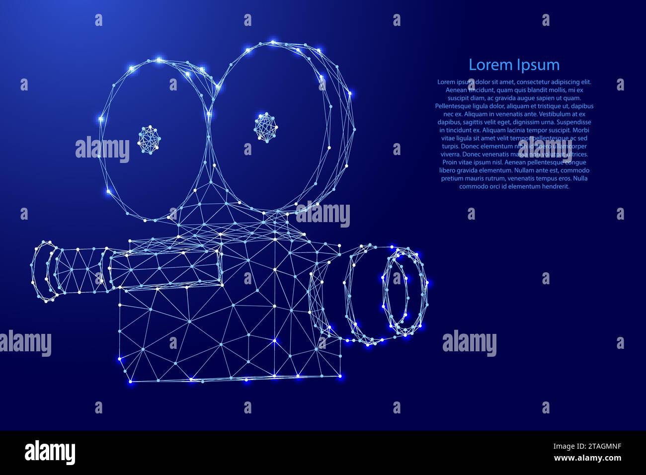 Videocamera, videocamera, TV, linee futuristiche poligonali blu e stelle luminose per banner, poster, biglietti d'auguri. Concetto di poly basso. Illu. Vettore Illustrazione Vettoriale