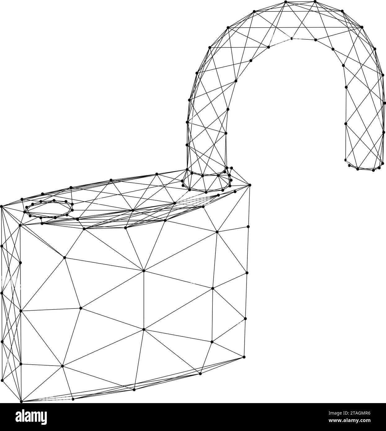 Lucchetto con arco aperto, simbolo di vulnerabilità della protezione dei dati, da linee nere poligonali astratte e futuristiche. Illustrazione vettoriale. Illustrazione Vettoriale