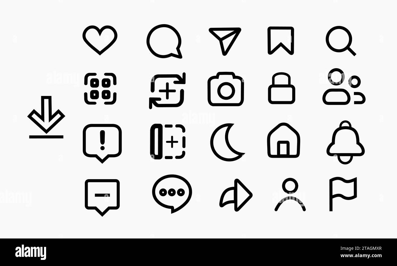 Pulsante icona social media impostato. amore, commento, download, home, modalità notturna, notifica, condivisione, ecc. Illustrazione Vettoriale