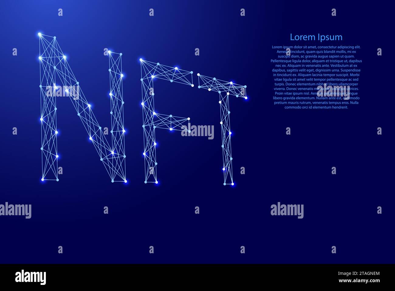 Icona NFT, token non fungibile, lettere in prospettiva, da linee blu poligonali futuristiche e stelle luminose per banner, poster, biglietti d'auguri. po basso Illustrazione Vettoriale