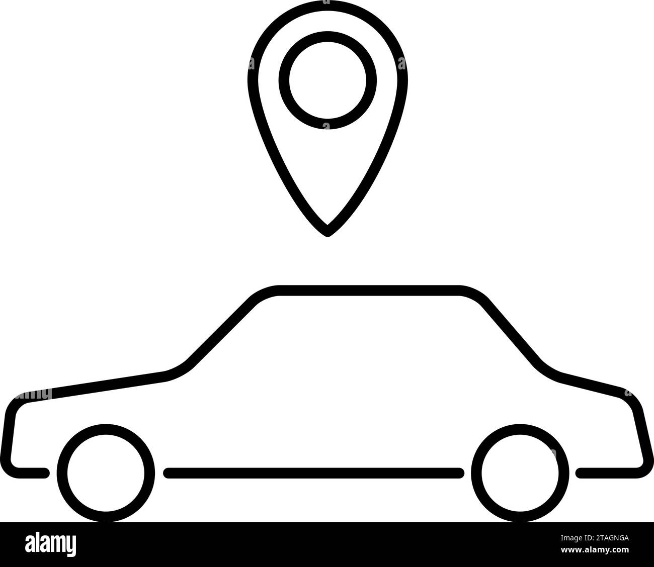 Ordinazione di taxi, icona di autovetture e geolocalizzazione da linee curve nere su sfondo bianco. Illustrazione vettoriale. Illustrazione Vettoriale