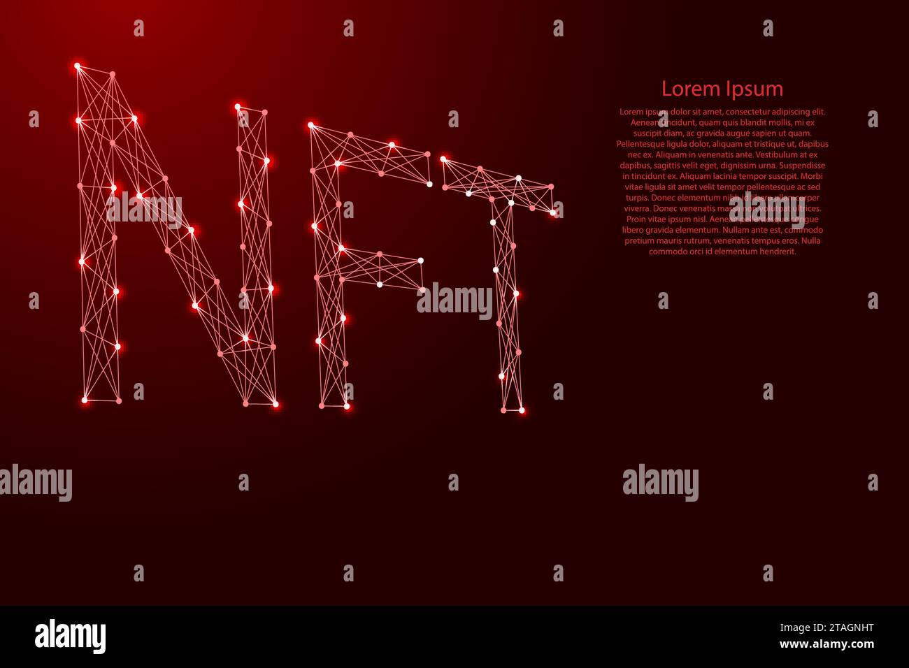 Icona NFT, token non fungibile, lettere in prospettiva, da linee poligonali rosse futuristiche e stelle luminose per banner, poster e biglietti d'auguri. Basso pol Illustrazione Vettoriale