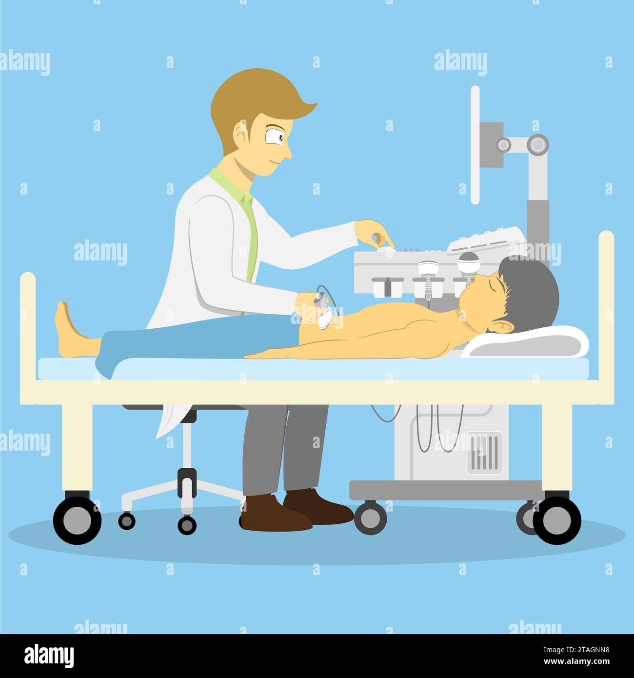 Il medico sta usando una macchina a ultrasuoni per esaminare lo stomaco di un paziente sdraiato su un letto. Illustrazione Vettoriale