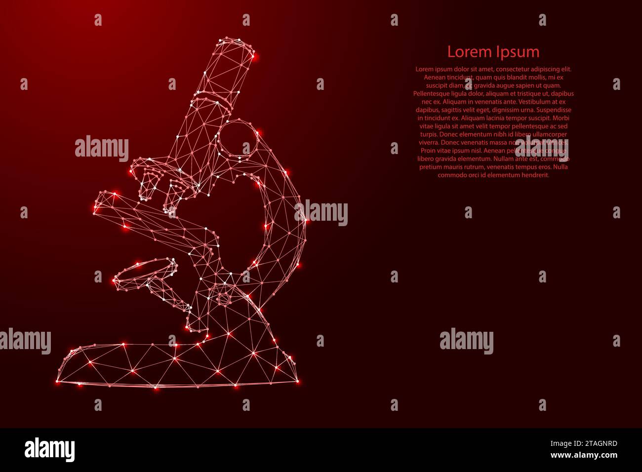 Microscopio, uno strumento scientifico ottico, con linee poligonali rosse futuristiche e stelle luminose per striscioni, poster, biglietti d'auguri. Illustrazione vettoriale Illustrazione Vettoriale