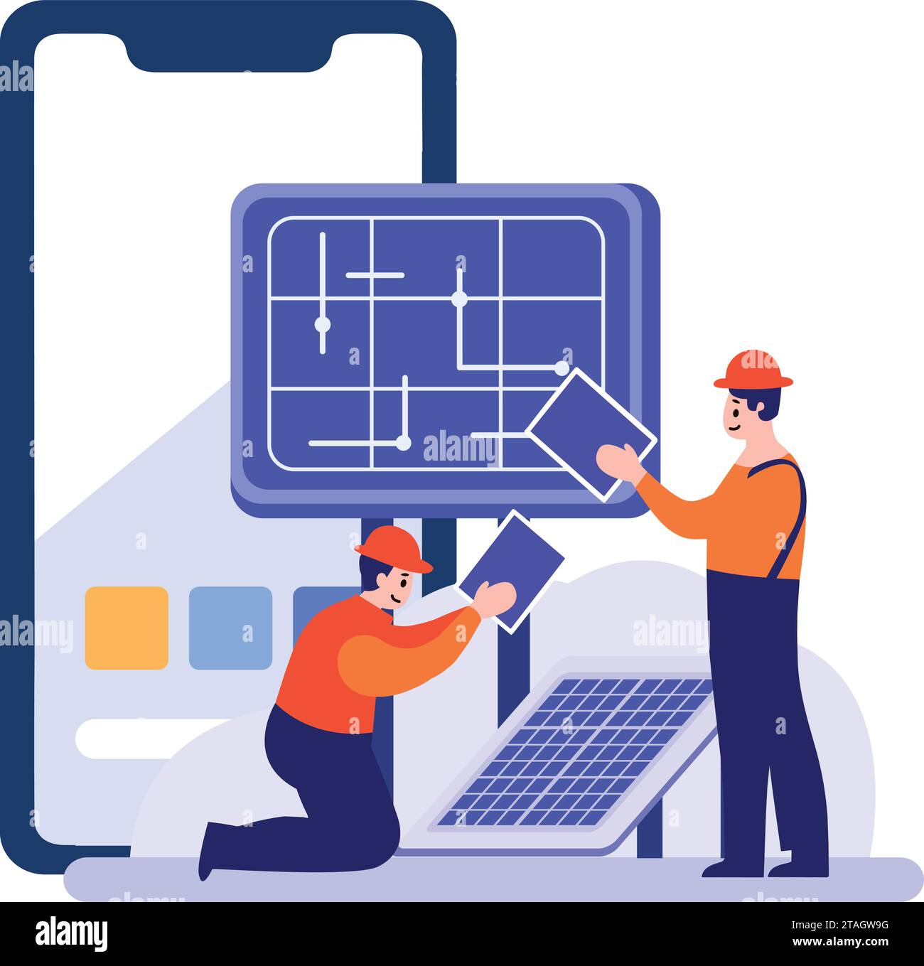 Ingegnere disegnato a mano che installa celle solari in stile piatto isolate sullo sfondo Illustrazione Vettoriale