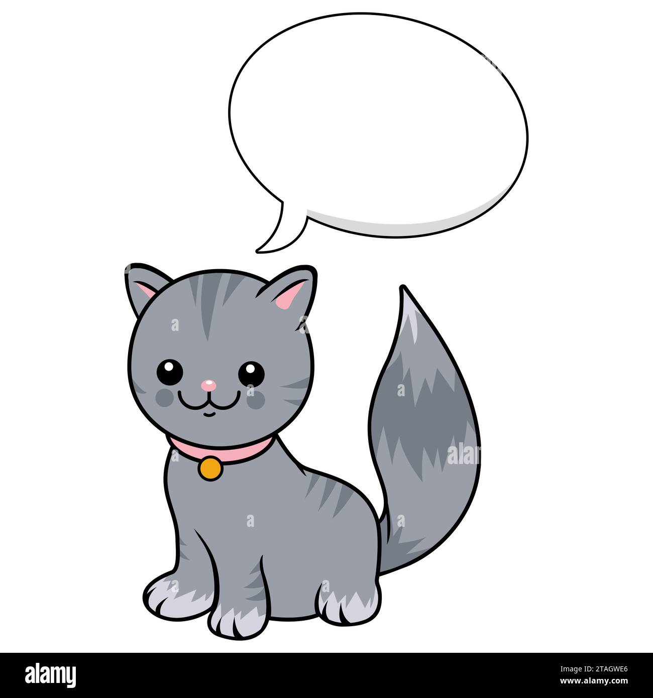 Gatto dei cartoni animati con un fumetto. Simpatico gattino che parla o mescolare. Bollatura vocale vuota per aggiungere testo. Foto Stock