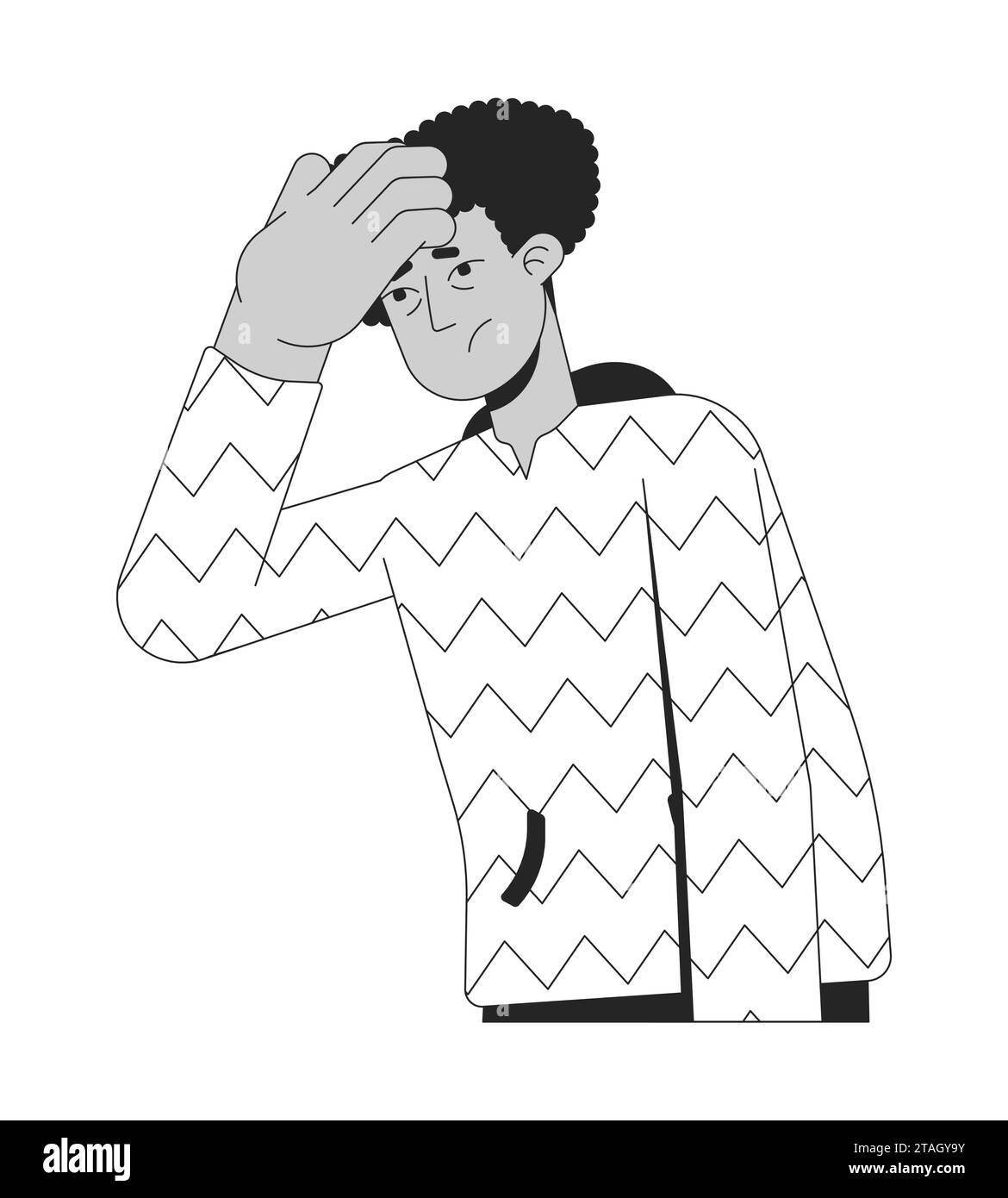 Sick latino uomo che prende la temperatura sulla fronte personaggio dei cartoni animati in 2D in bianco e nero Illustrazione Vettoriale