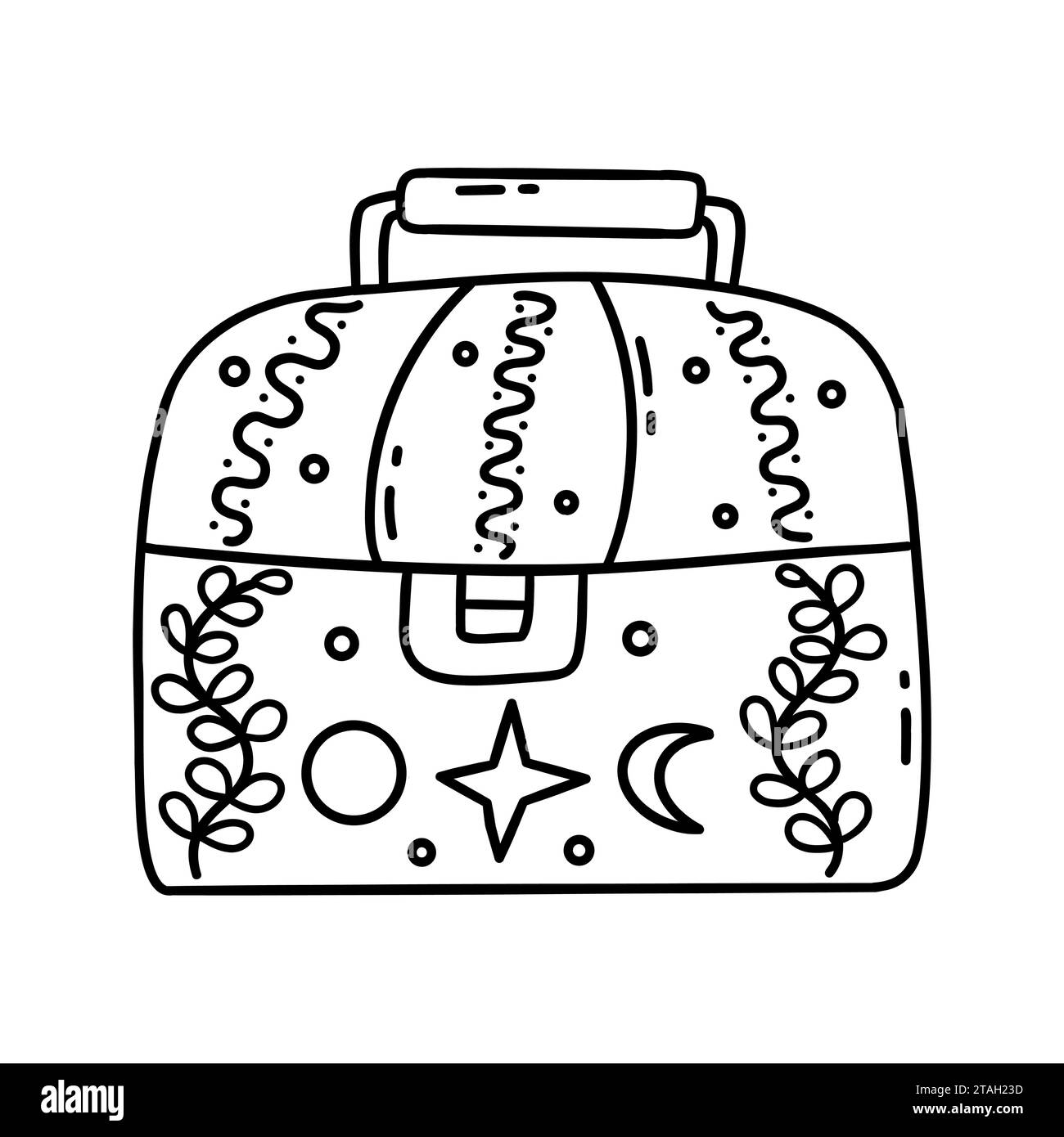 Scatola o cassa per oggetti personali o gioielli. Nascondiglio. Luna, stella e mese sono disegnati. Elemento magico. Illustrazione vettoriale isolata in bianco e nero Illustrazione Vettoriale