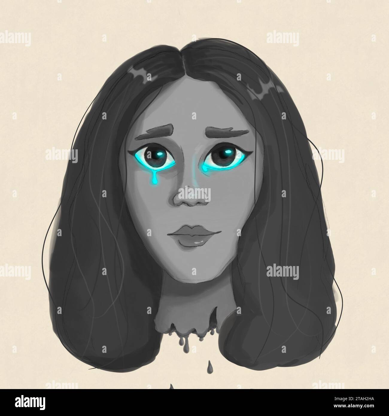 Un'illustrazione monocromatica con la testa tagliata di una ragazza, adornata da lacrime turchesi che riproducono i suoi occhi. Foto Stock