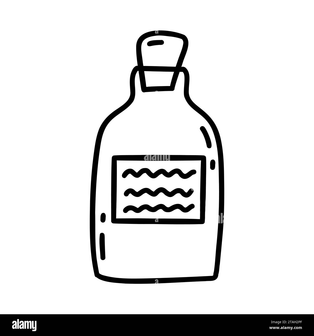 Bottiglia piccola vintage con sughero, vasetto per bevande, spezie e pozioni. Illustrazione vettoriale isolata in bianco e nero disegnata a mano. Pozione d'amore, magica el Illustrazione Vettoriale