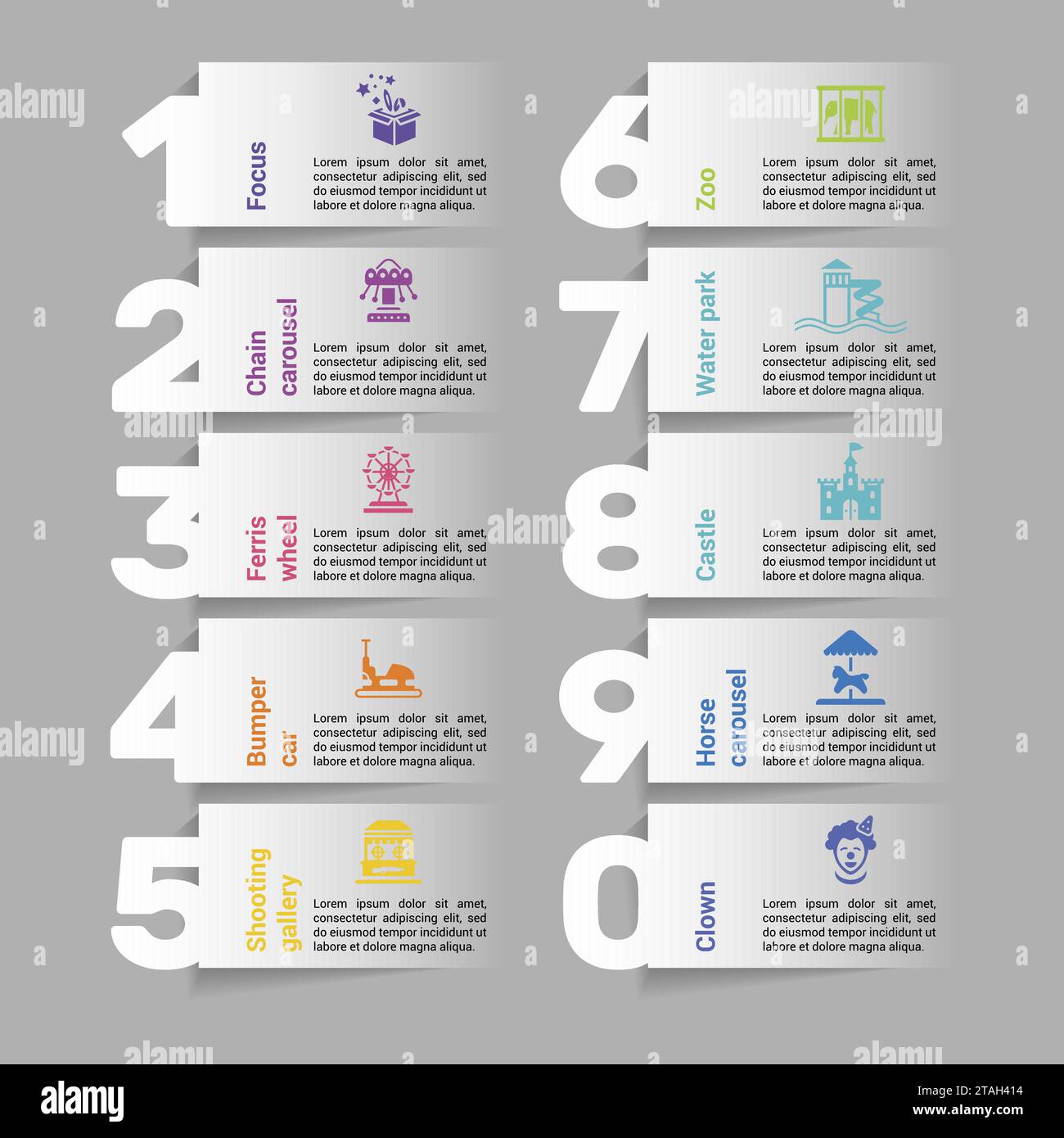 Infografica con icone a tema Amusment Park, 10 passi. Come la messa a fuoco, il carosello a catena, la ruota panoramica, il paraurti e altro ancora. Illustrazione Vettoriale