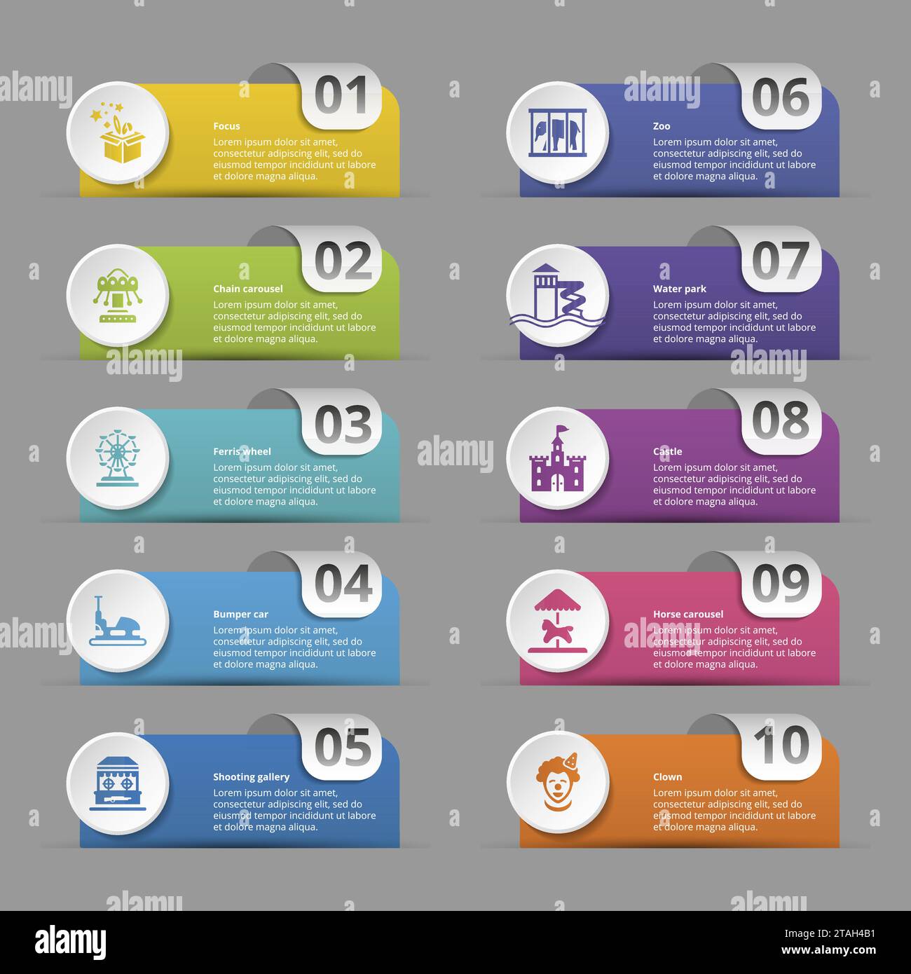 Infografica con icone a tema Amusment Park, 10 passi. Come la messa a fuoco, il carosello a catena, la ruota panoramica, il paraurti e altro ancora. Illustrazione Vettoriale