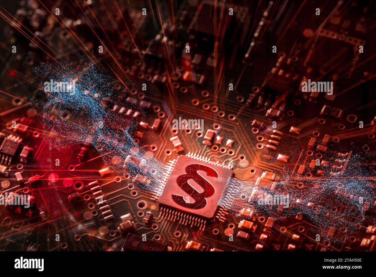 1° dicembre 2023: Giurisdizione e norme sull'uso del concetto di intelligenza artificiale. Un chip di computer incandescente con il simbolo di paragrafo FOTOMONTAGE *** Rechtssprechung und Regeln von der Verwendung von Künstlicher Intelligenz Konzept. Ein leuchtender Computerchip mit einem Paragraphensysymbol FOTOMONTAGE Credit: Imago/Alamy Live News Foto Stock