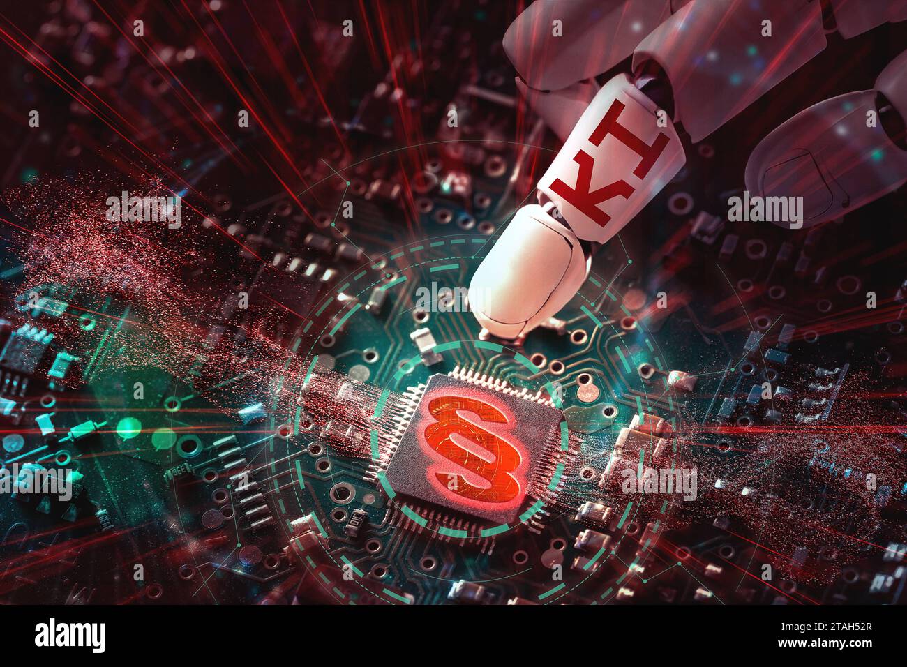 1° dicembre 2023: Giurisdizione e regole dall'uso dell'intelligenza artificiale. Un chip per computer luminoso con il simbolo di paragrafo e le dita del robot con la scritta ai PHOTOMONTAGE *** Rechtssprechung und Regeln von der Verwendung von KI - Künstlicher Intelligenz Konzept. Ein leuchtender Computerchip mit einem Paragraphensysymbol und Roboterfinger mit Schriftzug KI FOTOMONTAGE Credit: Imago/Alamy Live News Foto Stock
