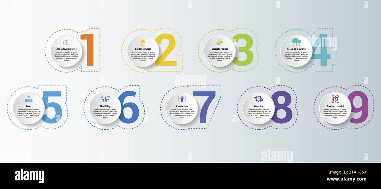 Infografica con icone a tema Amusment Park, 10 passi. Come la messa a fuoco, il carosello a catena, la ruota panoramica, il paraurti e altro ancora. Illustrazione Vettoriale
