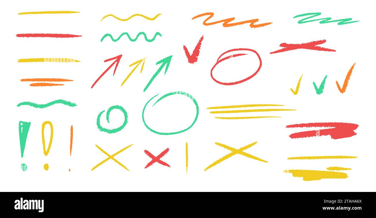 Set di dettagli pastello. linee a carbone nero striato. elimina a mano libera diverse sottolineature curve, croci e ovali. Contrassegno orizzontale disegnato a mano Illustrazione Vettoriale