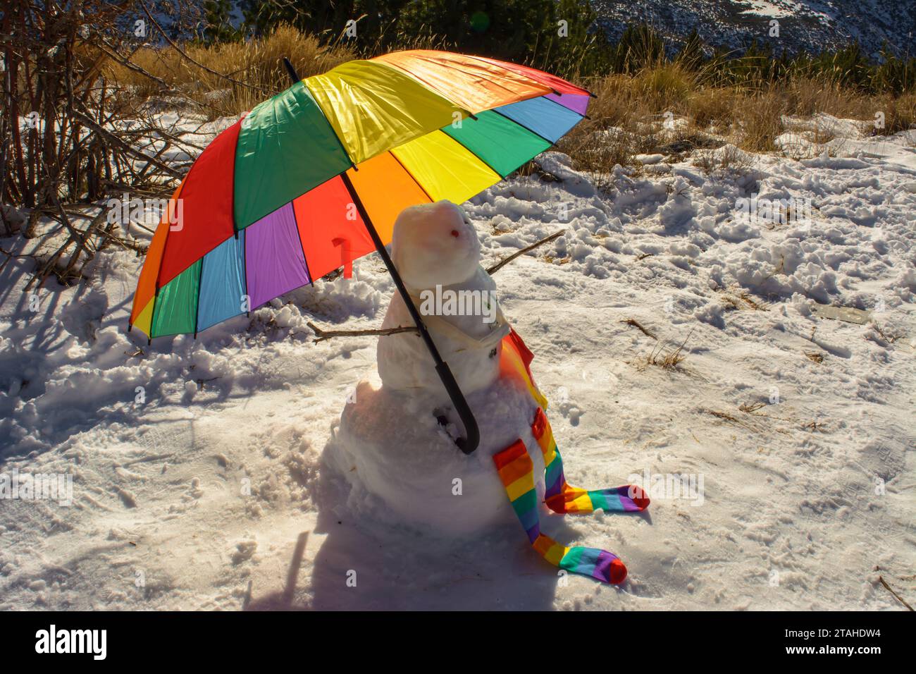 pupazzo di neve con ombrello nei colori dell'orgoglio lgtb, Foto Stock