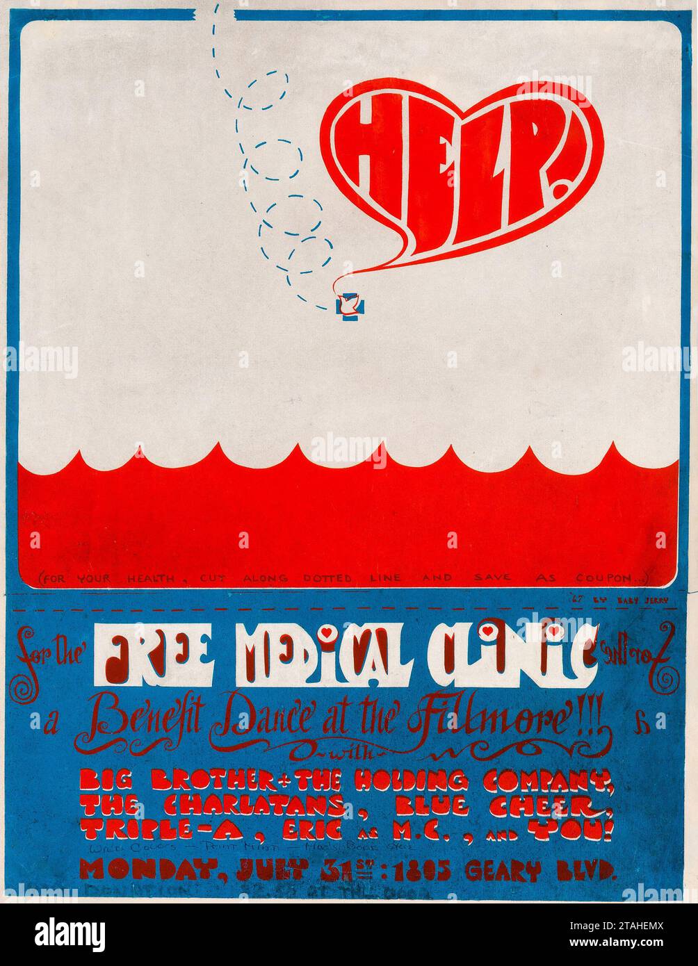 CLINICA MEDICA GRATUITA - Janis Joplin BBHC, Charlatans & Blue Cheer 1967 San Francisco Medical Clinic Fillmore Benefit poster Foto Stock