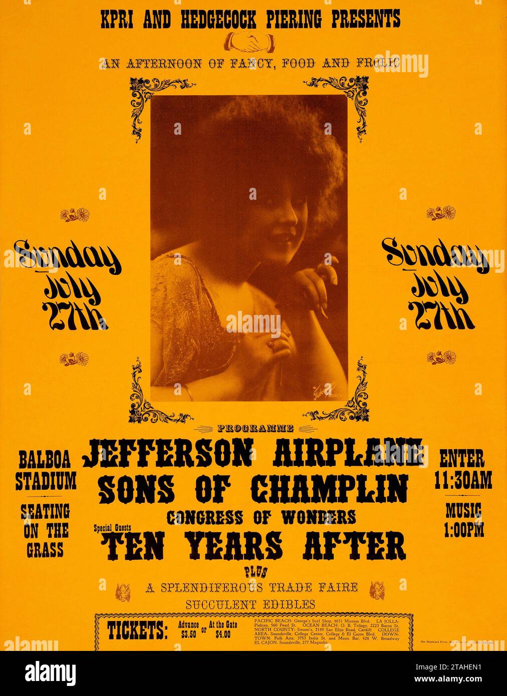Jefferson Airplane, Sons of Champlin, dieci anni dopo il 1969 - Balboa Stadium, San Diego, Vintage California, poster dei concerti pomeridiani Foto Stock